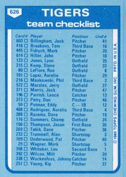 1980 Topps - Team Checklists #626 Detroit Tigers / Sparky Anderson Back