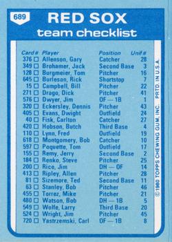 1980 Topps - Team Checklists #689 Boston Red Sox / Don Zimmer Back