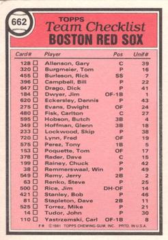 1981 Topps - Team Checklists #662 Boston Red Sox / Ralph Houk Back