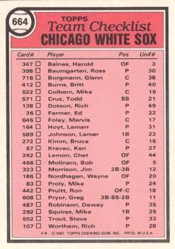 1981 Topps - Team Checklists #664 Chicago White Sox / Tony LaRussa Back