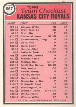 1981 Topps - Team Checklists #667 Kansas City Royals / Jim Frey Back