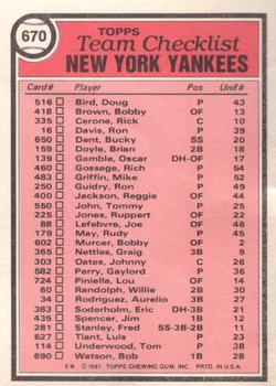 1981 Topps - Team Checklists #670 New York Yankees / Gene Michael Back