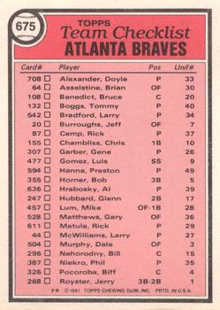 1981 Topps - Team Checklists #675 Atlanta Braves / Bobby Cox Back
