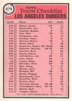 1981 Topps - Team Checklists #679 Los Angeles Dodgers / Tom Lasorda Back
