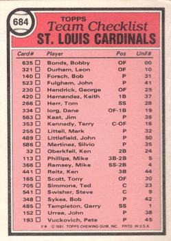 1981 Topps - Team Checklists #684 St. Louis Cardinals / Whitey Herzog Back