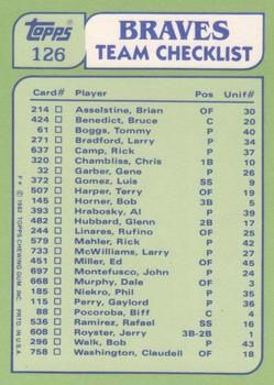 1982 Topps - Team Leaders / Checklists #126 Braves Leaders / Checklist (Claudell Washington / Rick Mahler) Back