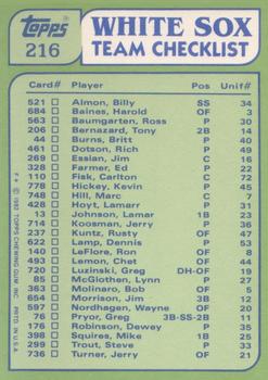 1982 Topps - Team Leaders / Checklists #216 White Sox Leaders / Checklist (Chet Lemon / Dennis Lamp) Back
