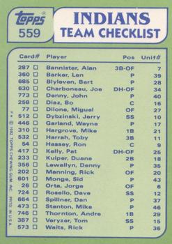 1982 Topps - Team Leaders / Checklists #559 Indians Leaders / Checklist (Mike Hargrove / Bert Blyleven) Back