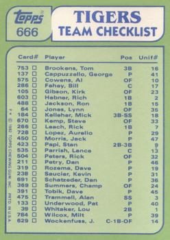 1982 Topps - Team Leaders / Checklists #666 Tigers Leaders / Checklist (Steve Kemp / Dan Petry) Back