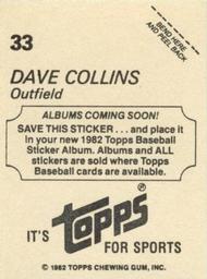1982 Topps - Coming Soon Stickers #33 Dave Collins Back