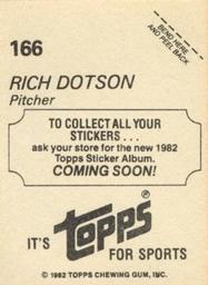 1982 Topps - Coming Soon Stickers #166 Richard Dotson Back