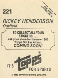 1982 Topps - Coming Soon Stickers #221 Rickey Henderson Back