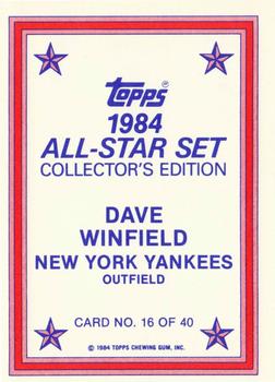 1984 Topps - 1984 All-Star Set Collector's Edition (Glossy Send-Ins) #16 Dave Winfield  Back