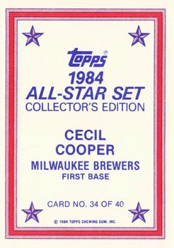 1984 Topps - 1984 All-Star Set Collector's Edition (Glossy Send-Ins) #34 Cecil Cooper  Back