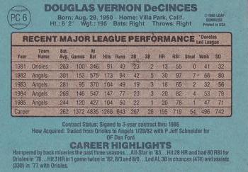 1986 Donruss - Wax Box Bottom Panel Singles #PC6 Doug DeCinces Back