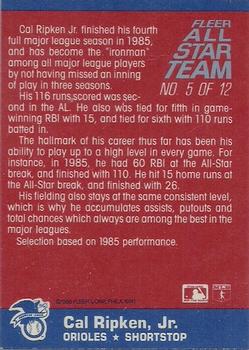 1986 Fleer - Fleer All-Star Team #5 Cal Ripken, Jr. Back