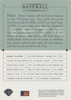 1994 Upper Deck Baseball: The American Epic - GM #1 Hank Aaron   Back