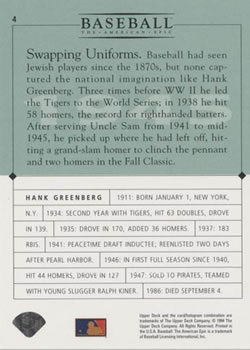 1994 Upper Deck Baseball: The American Epic - GM #4 Hank Greenberg   Back