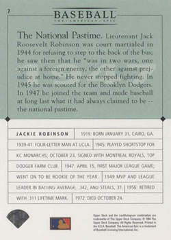 1994 Upper Deck Baseball: The American Epic - GM #7 Jackie Robinson   Back