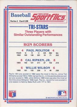 1986 Sportflics #128 Run Scorers (Paul Molitor / Cal Ripken, Jr. / Willie Wilson) Back
