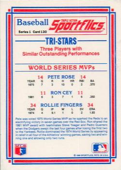 1986 Sportflics #130 World Series MVPs (Pete Rose / Ron Cey / Rollie Fingers) Back