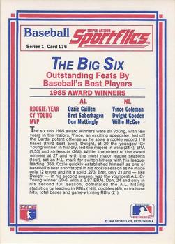 1986 Sportflics #176 Award Winners (Ozzie Guillen / Bret Saberhagen / Don Mattingly / Vince Coleman / Dwight Gooden / Willie McGee) Back