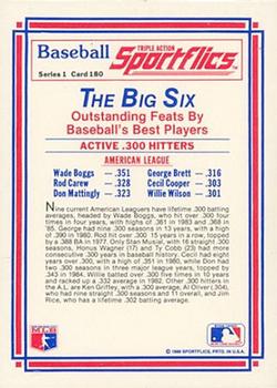 1986 Sportflics #180 Active .300 Hitters (Wade Boggs / Rod Carew / Don Mattingly / George Brett / Cecil Cooper / Willie Wilson) Back