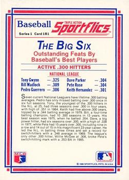 1986 Sportflics #181 Active .300 Hitters (Tony Gwynn / Bill Madlock / Pedro Guerrero / Dave Parker / Pete Rose / Keith Hernandez) Back