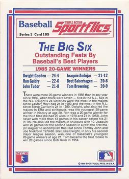 1986 Sportflics #185 20-Game Winners (Dwight Gooden / Ron Guidry / John Tudor / Joaquin Andujar / Bret Saberhagen / Tom Browning) Back