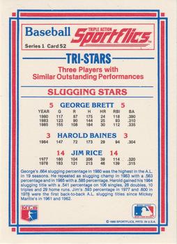 1986 Sportflics #52 Slugging Stars (Harold Baines / George Brett / Jim Rice) Back