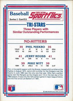 1986 Sportflics #53 No-Hitters (Phil Niekro / Jerry Reuss / Mike Witt) Back