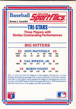 1986 Sportflics #54 Big Hitters (Don Mattingly / Cal Ripken, Jr. / Robin Yount) Back