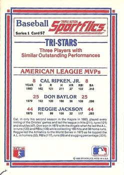 1986 Sportflics #57 AL MVPs (Don Baylor / Reggie Jackson / Cal Ripken, Jr.) Back