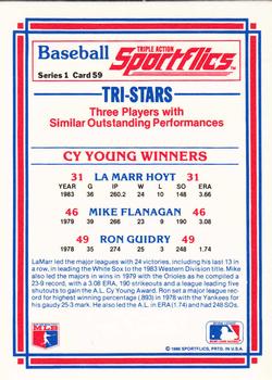 1986 Sportflics #59 Cy Young Winners (Mike Flanagan / Ron Guidry / Lamarr Hoyt) Back