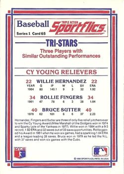 1986 Sportflics #65 Cy Young Relievers (Rollie Fingers / Bruce Sutter / Willie Hernandez) Back