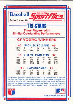 1986 Sportflics #70 Cy Young Winners (Steve Carlton / Tom Seaver / Rick Sutcliffe) Back