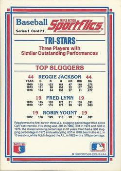 1986 Sportflics #71 Top Sluggers (Reggie Jackson / Fred Lynn / Robin Yount) Back
