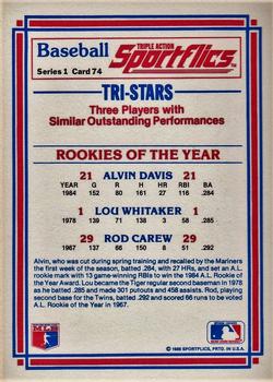 1986 Sportflics #74 Rookies of the Year (Alvin Davis / Lou Whitaker / Rod Carew) Back