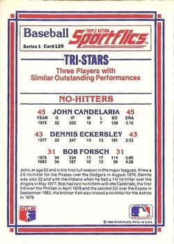 1986 Sportflics #129 No-Hitters (Bob Forsch / Dennis Eckersley / John Candelaria) Back