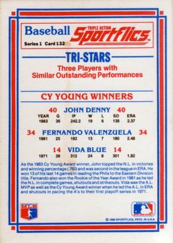 1986 Sportflics #132 Cy Young Winners (Vida Blue / John Denny / Fernando Valenzuela) Back
