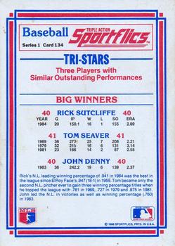 1986 Sportflics #134 Big Winners (John Denny / Tom Seaver / Rick Sutcliffe) Back
