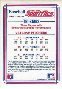 1986 Sportflics #135 Veteran Pitchers (Phil Niekro / Tom Seaver / Don Sutton) Back