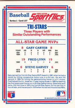 1986 Sportflics #137 All-Star Game MVPs (Gary Carter / Steve Garvey / Fred Lynn) Back