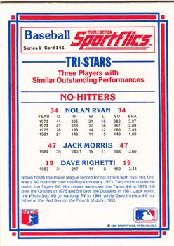1986 Sportflics #141 No-Hitters (Jack Morris / Dave Righetti / Nolan Ryan) Back
