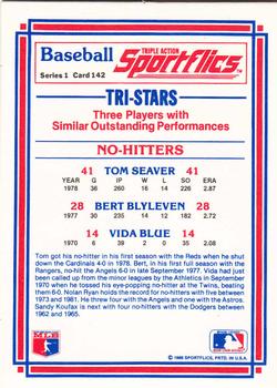 1986 Sportflics #142 No-Hitters (Vida Blue / Bert Blyleven / Tom Seaver) Back