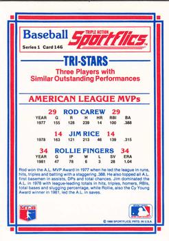 1986 Sportflics #146 AL MVPs (Rod Carew / Rollie Fingers / Jim Rice) Back