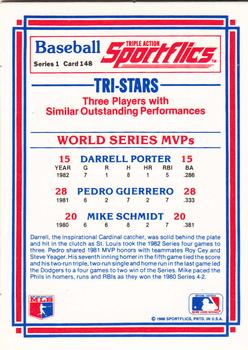 1986 Sportflics #148 World Series MVPS (Pedro Guerrero / Mike Schmidt / Darrell Porter) Back