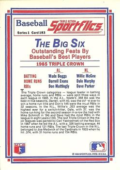 1986 Sportflics #183 Triple Crown (Wade Boggs / Darrell Evans / Don Mattingly / Willie McGee / Dale Murphy / Dave Parker) Back