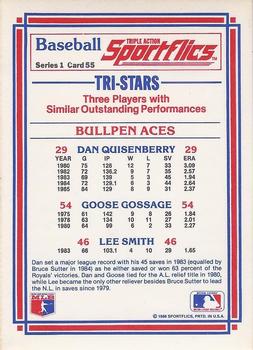 1986 Sportflics #55 Bullpen Aces (Rich Gossage / Dan Quisenberry / Lee Smith) Back