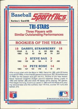 1986 Sportflics #56 Rookies of the Year (Darryl Strawberry / Steve Sax / Pete Rose) Back